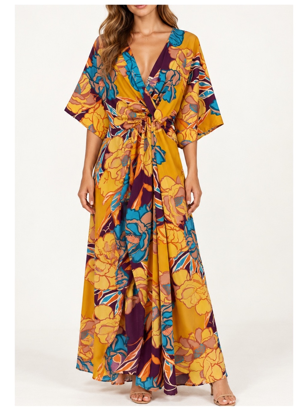 BucketList Satin Floral Kimono Sleeve Maxi Dress Womens M Bohemian